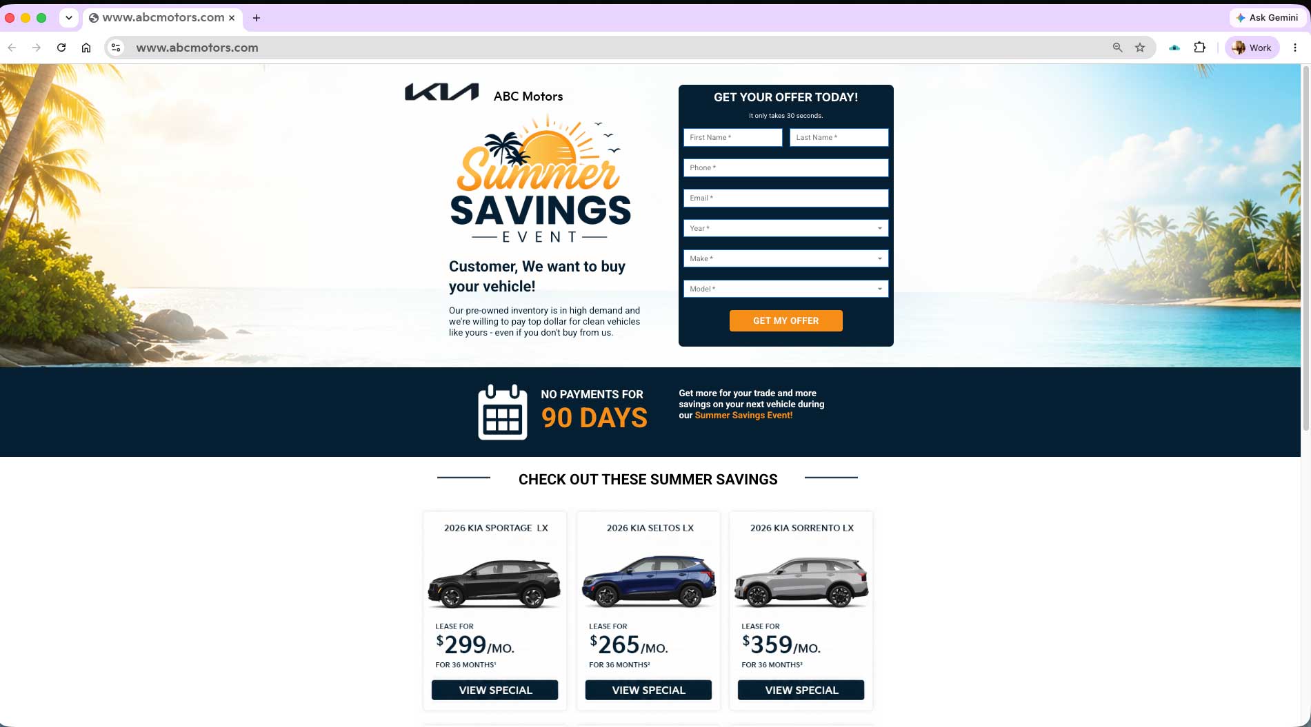 ABC Motors Summer Savings Event custom landing page with trade form