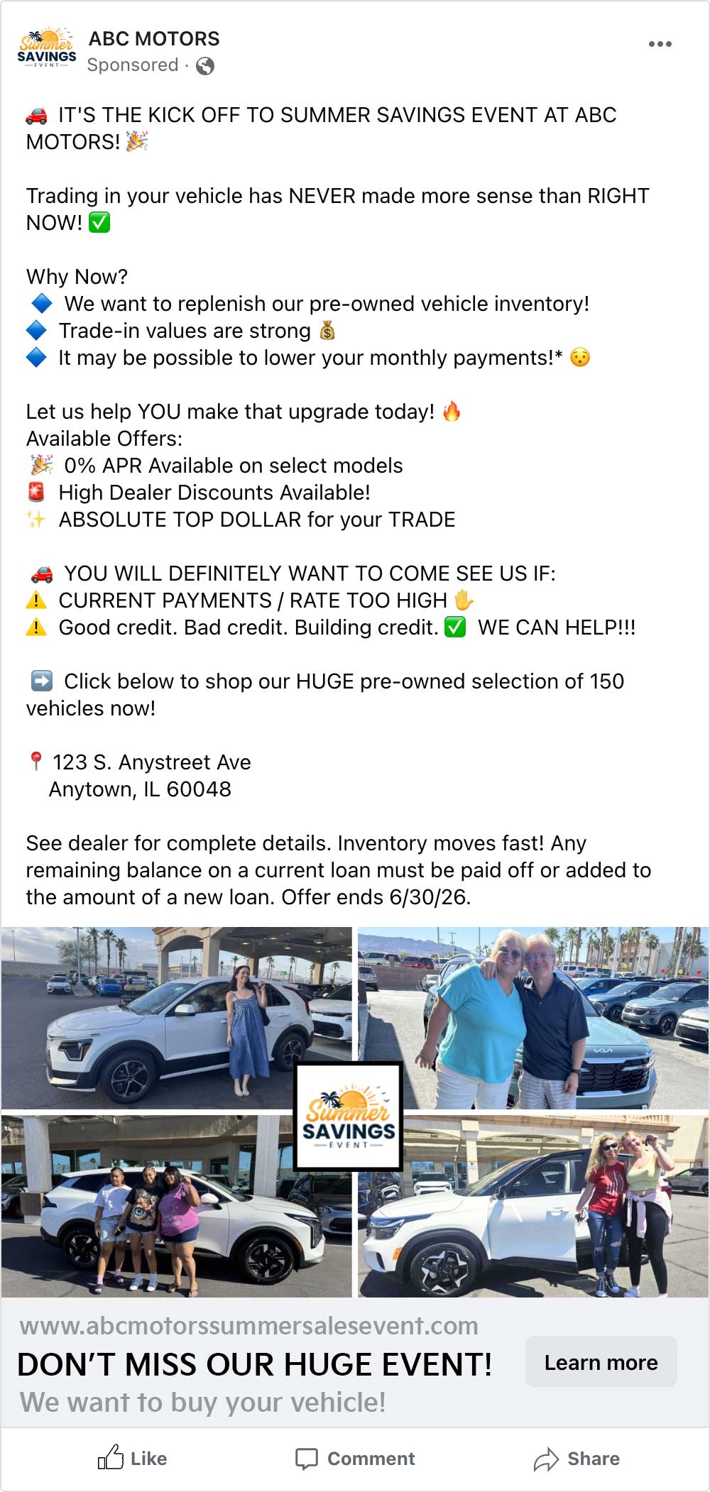 Meta ad variant 1 — Summer Savings Event with customer delivery photos