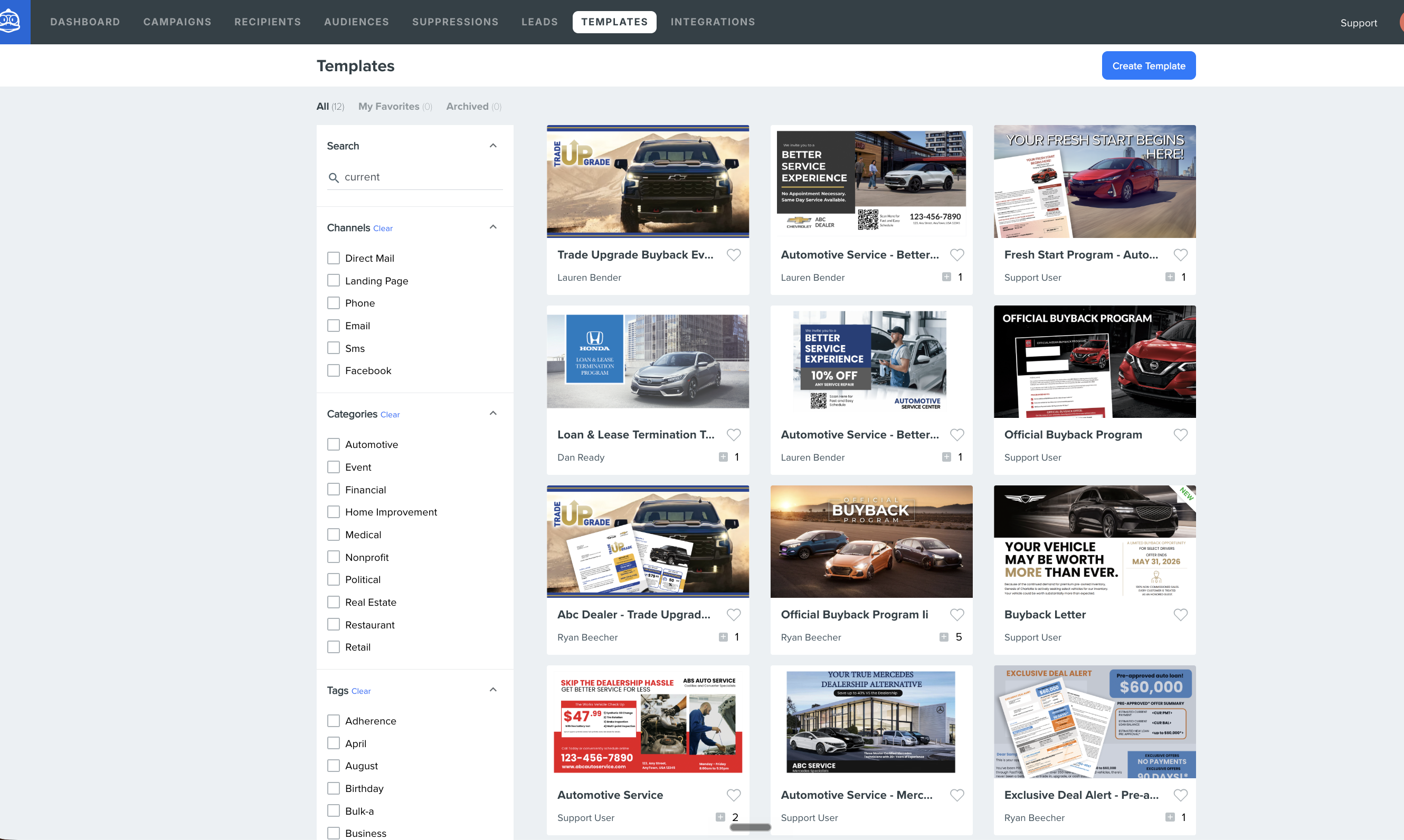 Template Library — proven, automotive-tested direct mail, email, and landing page templates in Marketing Box